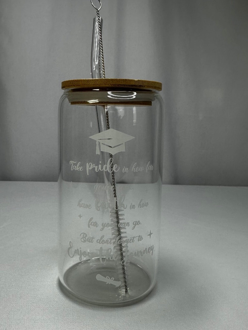 Graduation Gift - Glass beverage container with glass straw